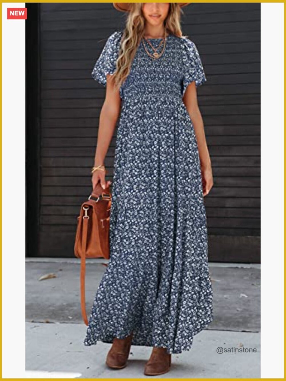 Flutter Short Sleeve Smocked Tiered Maxi Dress Casual Boho Floral - Picture 4 of 7